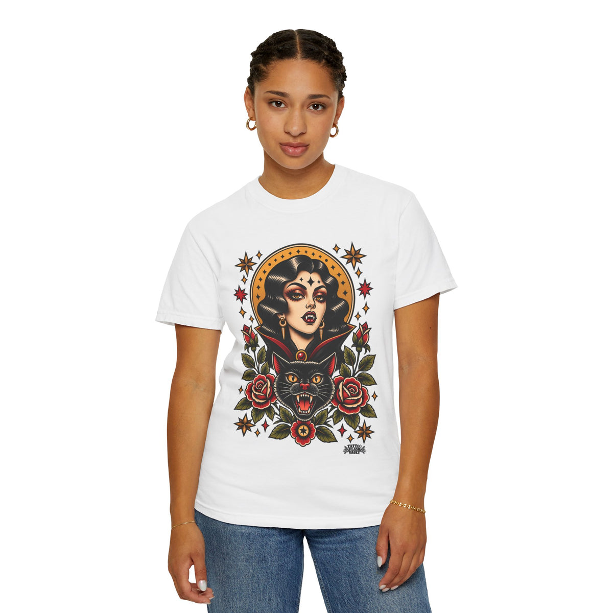 Vampire Woman & Black Cat Tattoo Flash T‑Shirt
