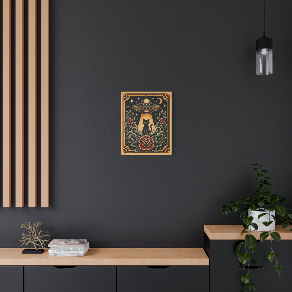 UFO & Black Cat Tattoo Flash Canvas Wall Art