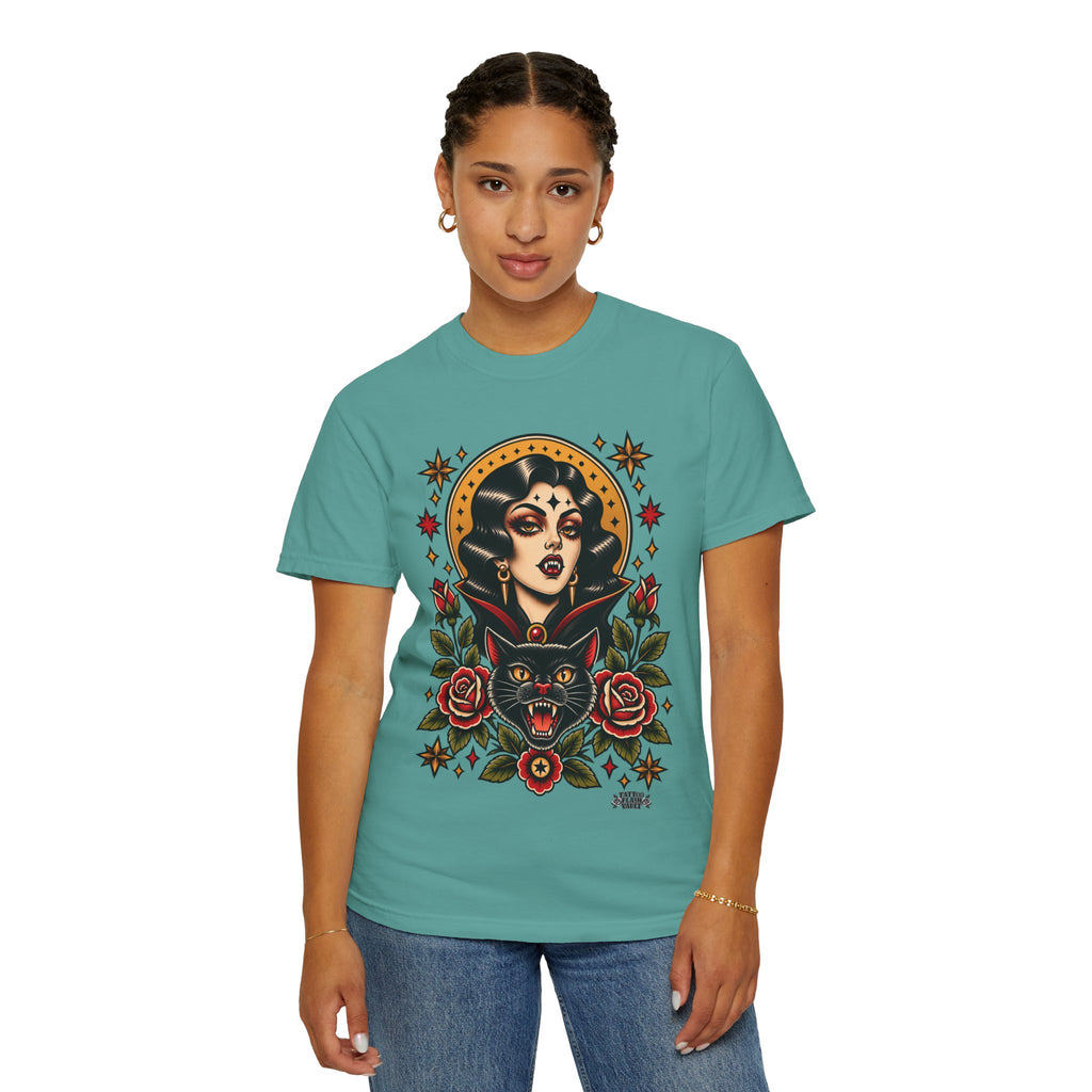 Vampire Woman & Black Cat Tattoo Flash T‑Shirt
