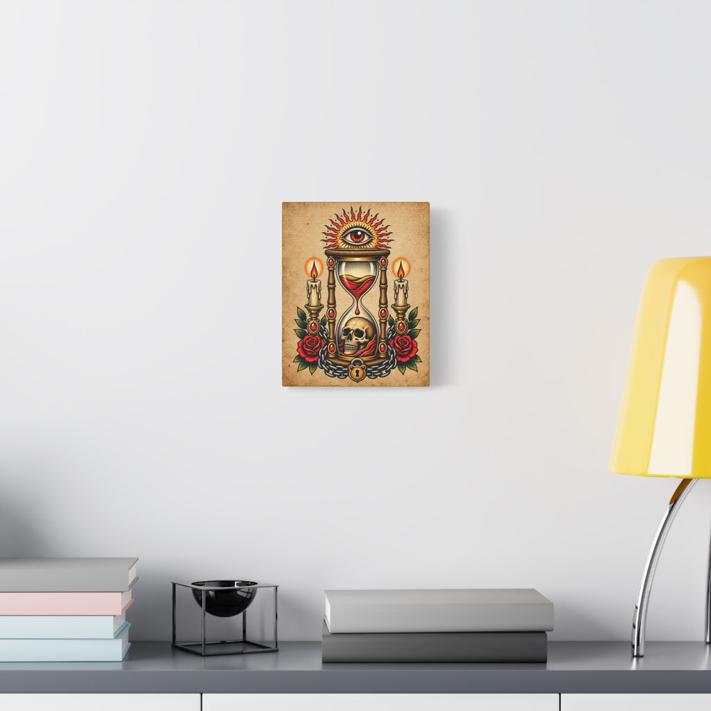 Hourglass & Skull Tattoo Flash Canvas Wall Art