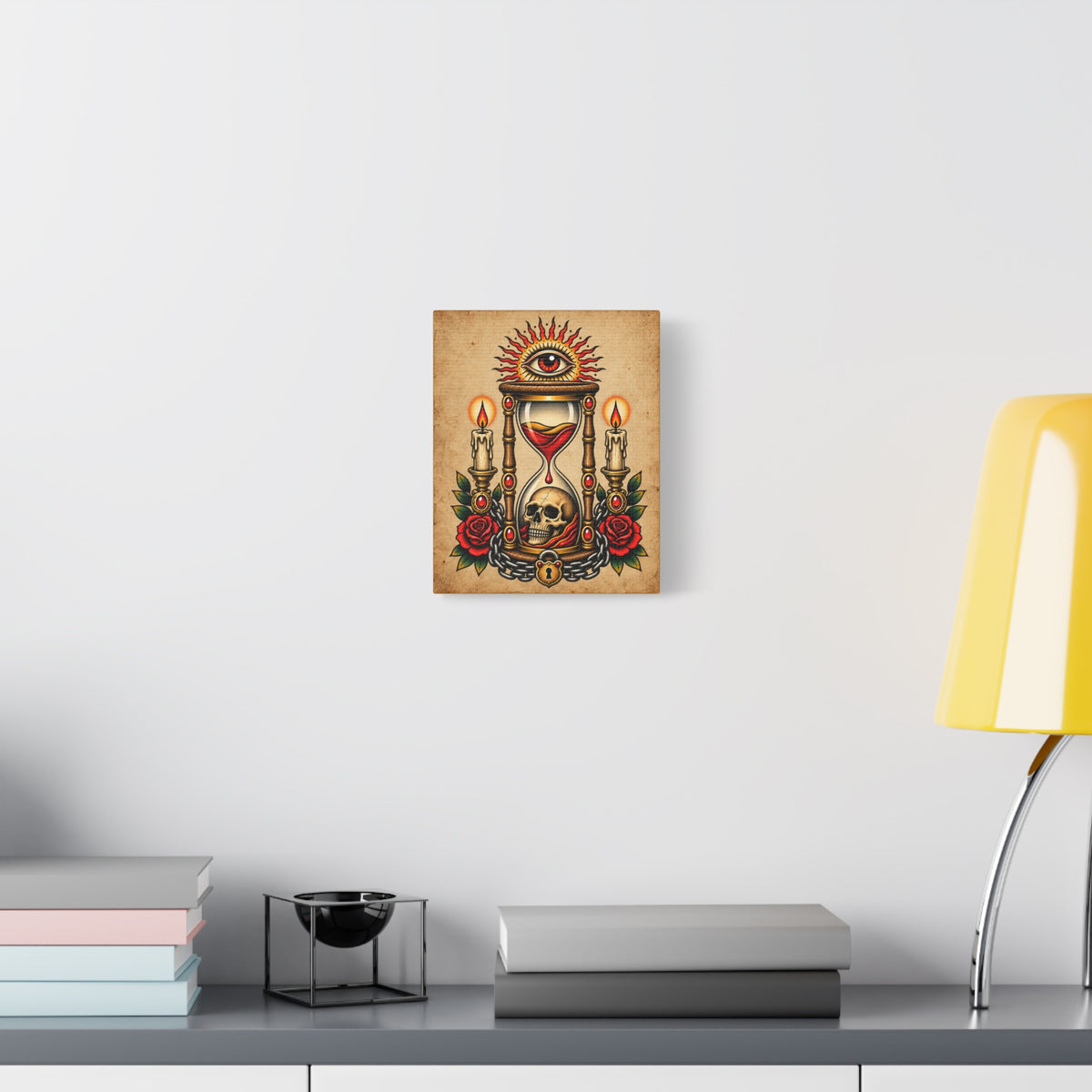 Hourglass & Skull Tattoo Flash Canvas Wall Art