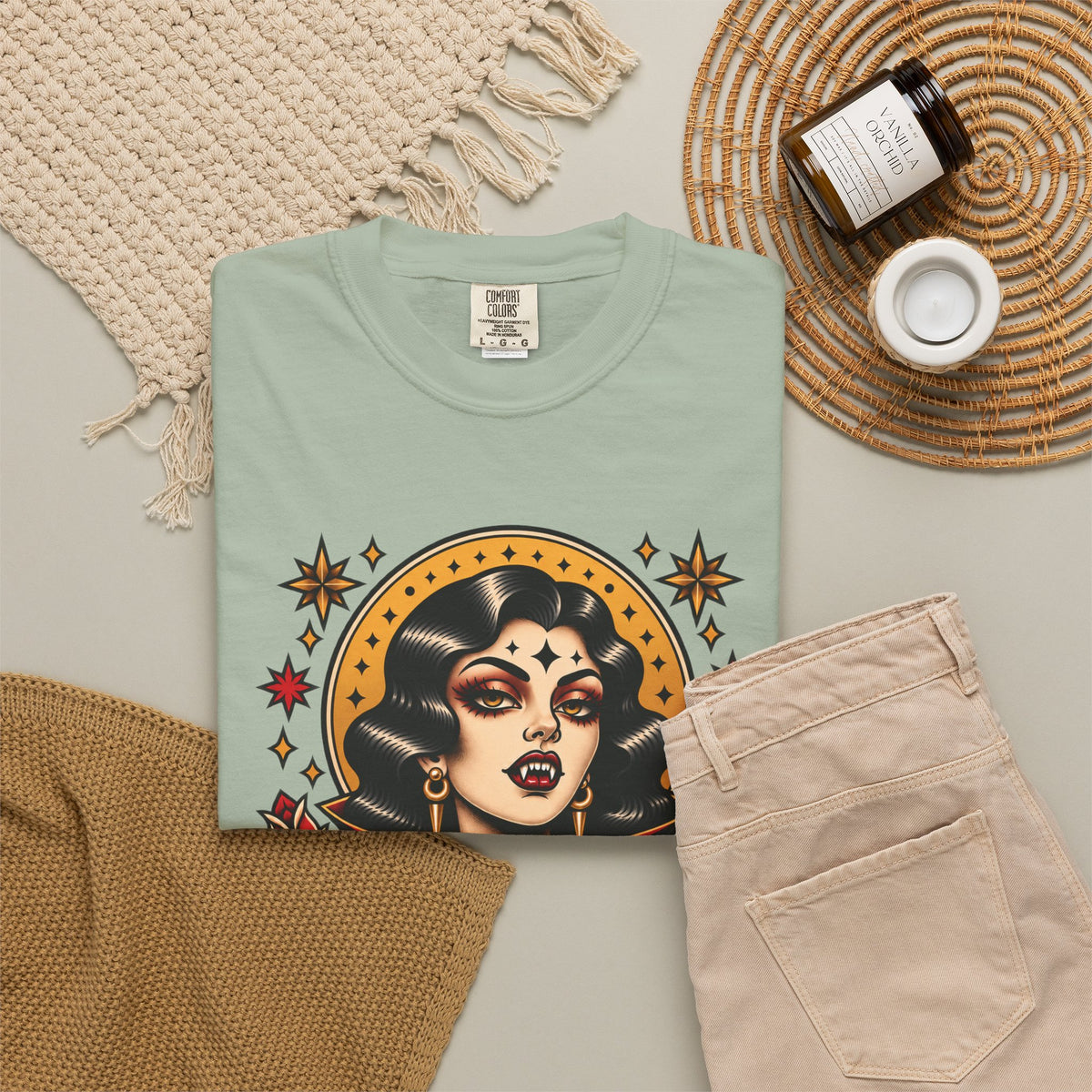 Vampire Woman & Black Cat Tattoo Flash T‑Shirt