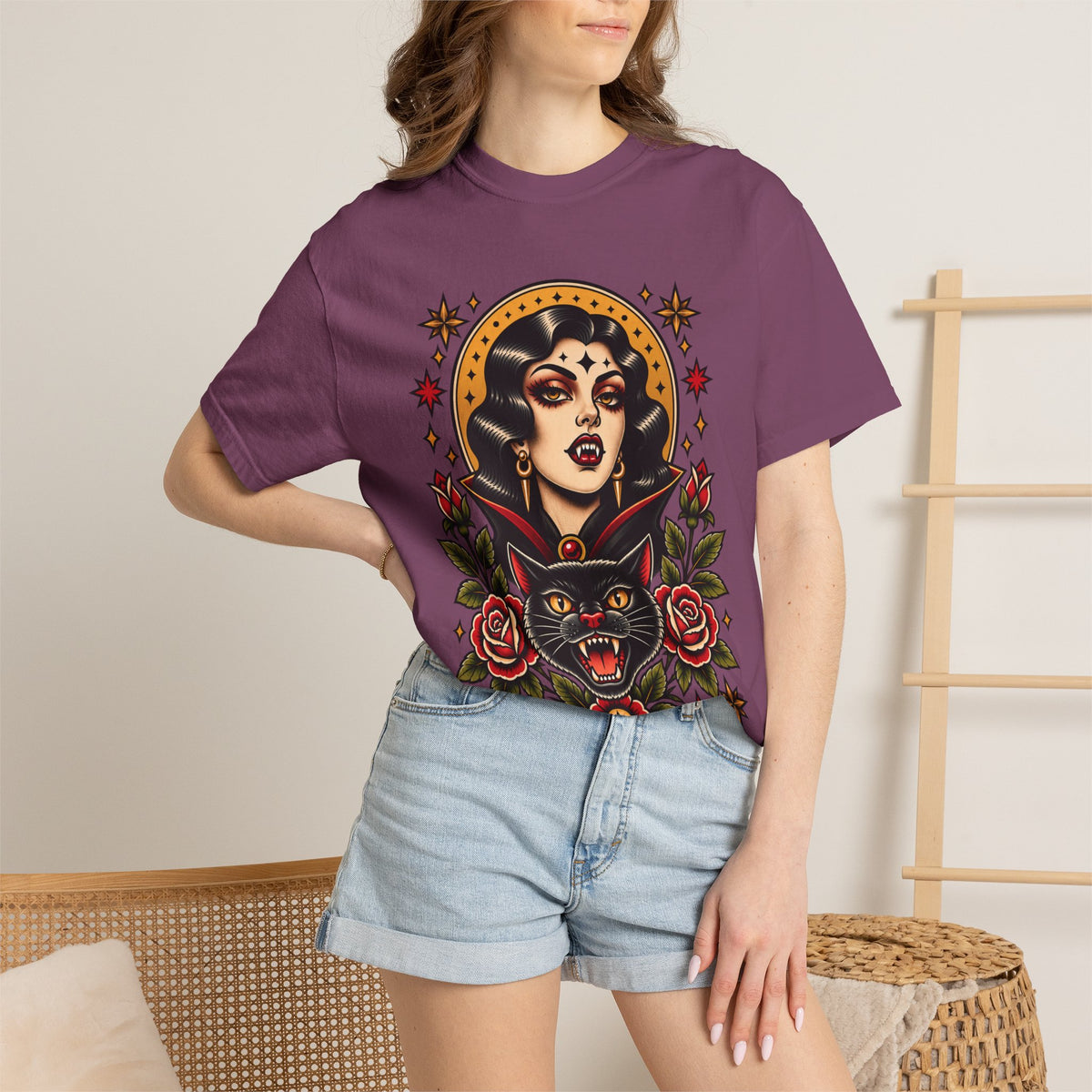 Vampire Woman & Black Cat Tattoo Flash T‑Shirt