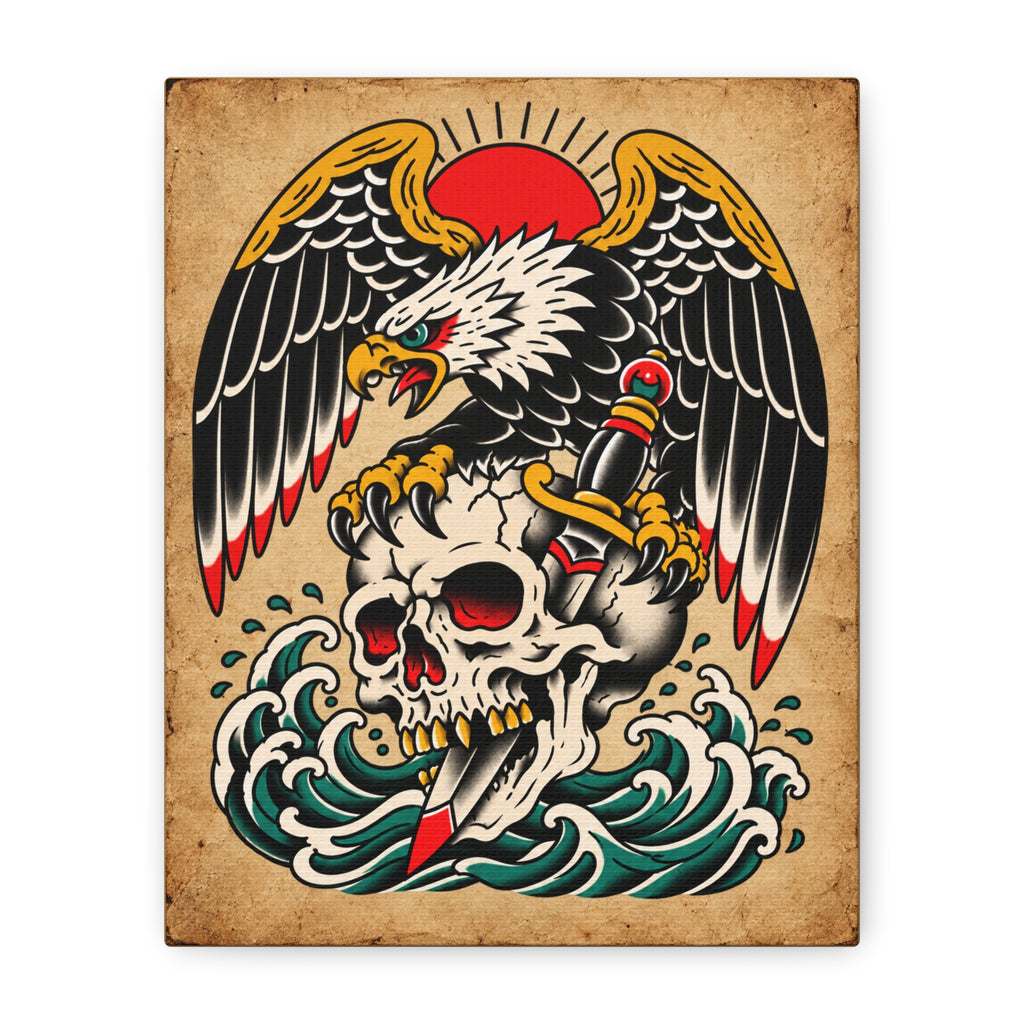 American Traditional Skull & Eagle Tattoo Flash Canvas Wall Art
