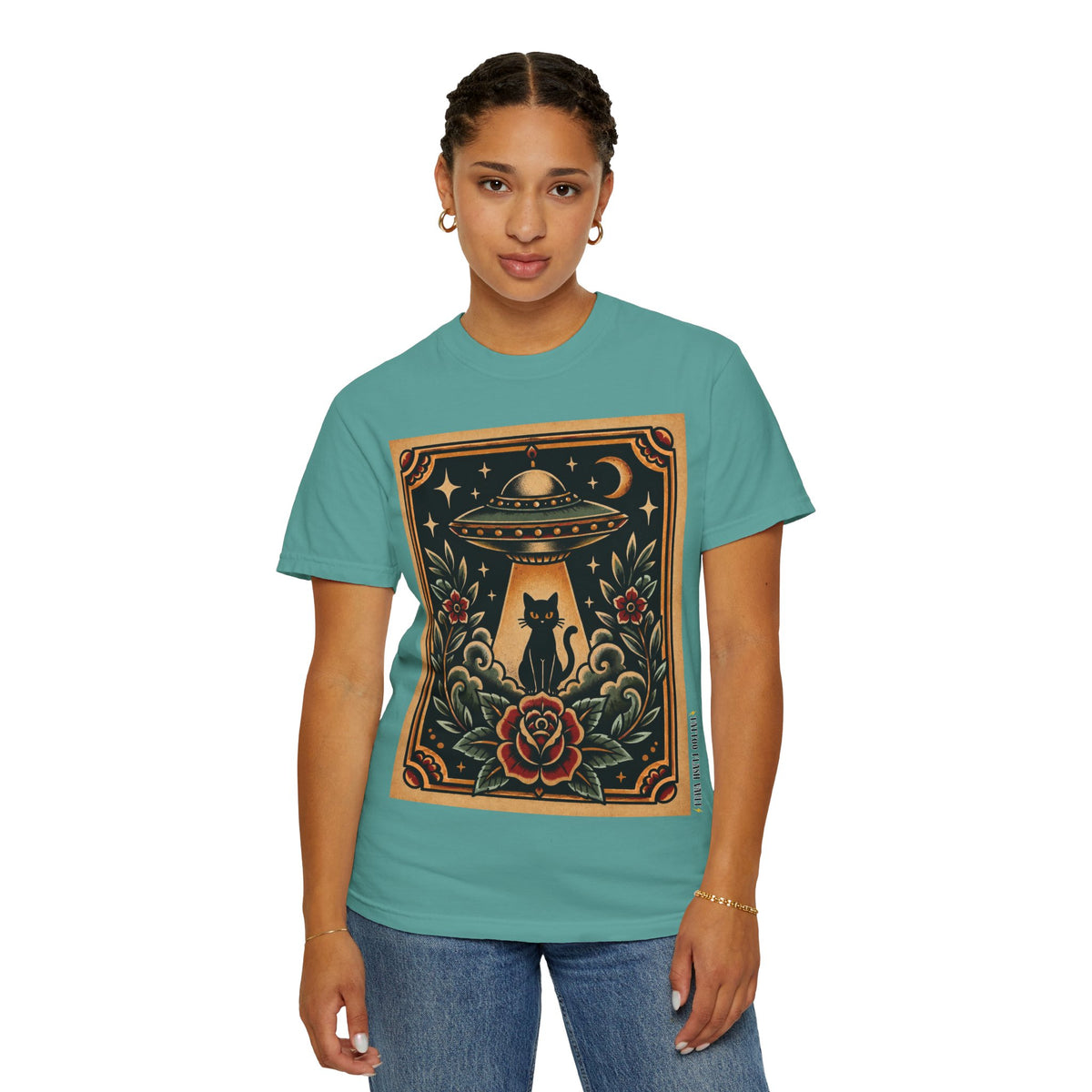 UFO & Black Cat Tattoo Flash Sheet T-Shirt
