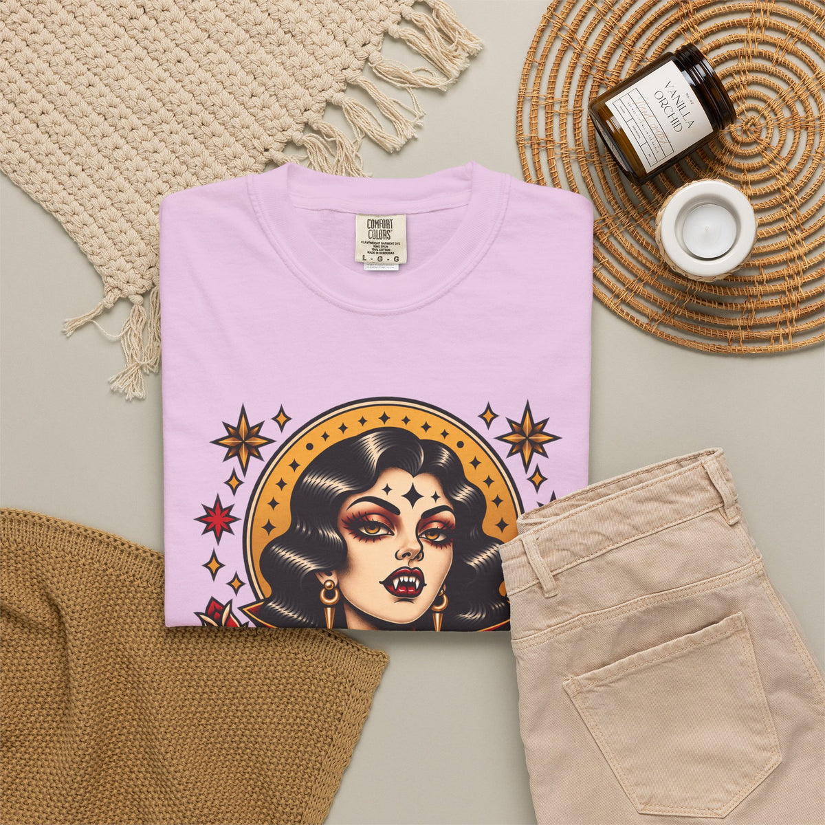 Vampire Woman & Black Cat Tattoo Flash T‑Shirt