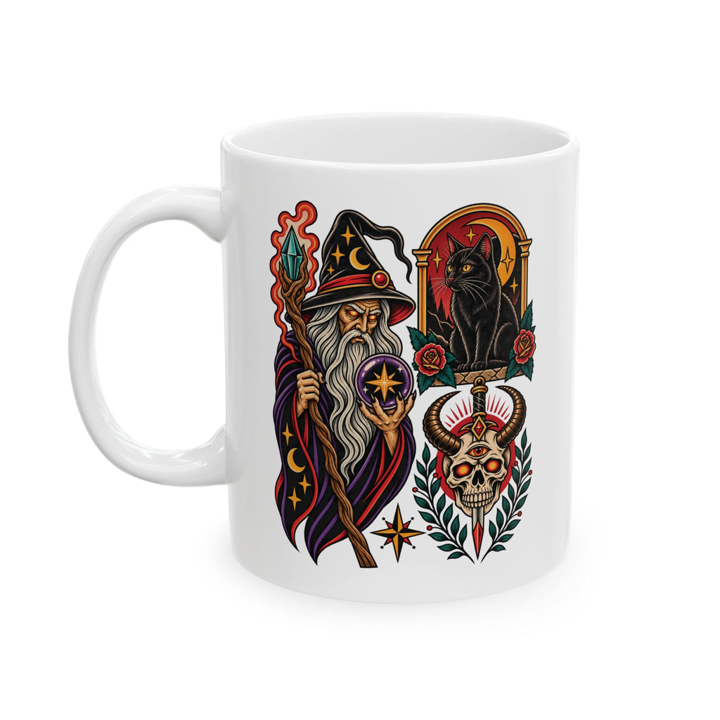 Wizard, Black Cat & Skull Tattoo Flash Coffee Mug (11oz & 15oz)