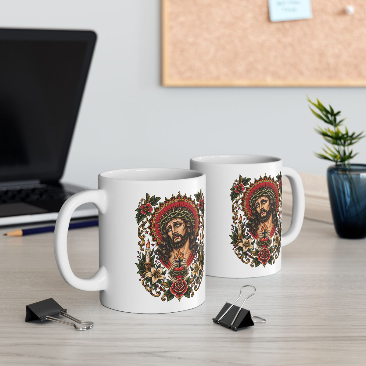 Jesus Christ Sacred Heart Tattoo Flash Ceramic Coffee Mug (11oz, 15oz)