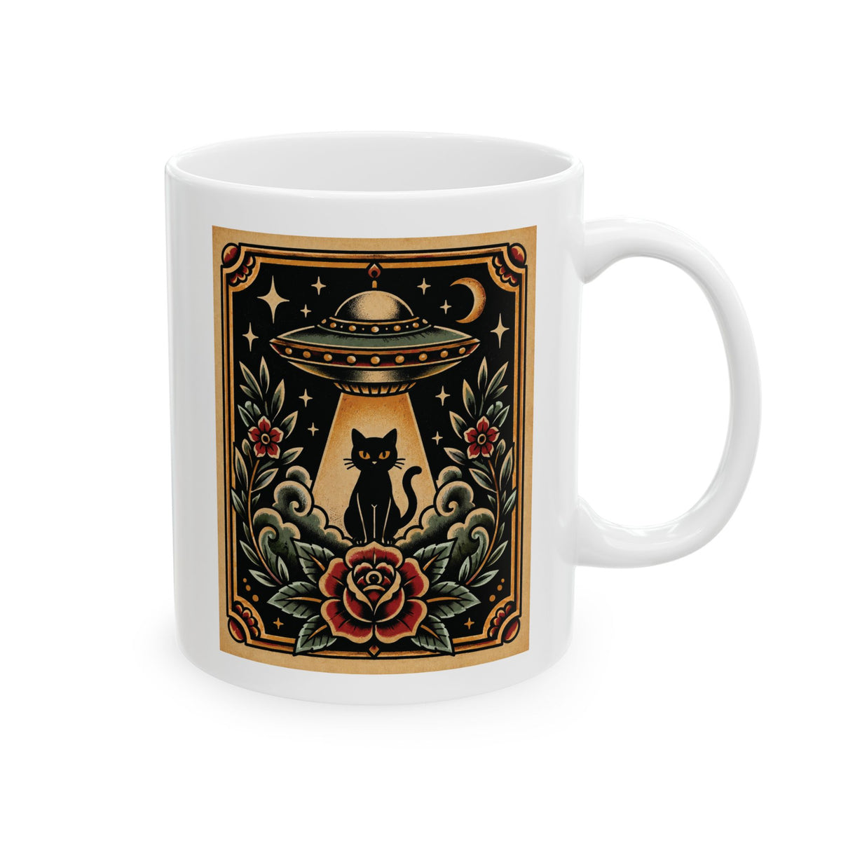 UFO & Black Cat Tattoo Flash Ceramic Coffee Mug (11oz, 15oz)