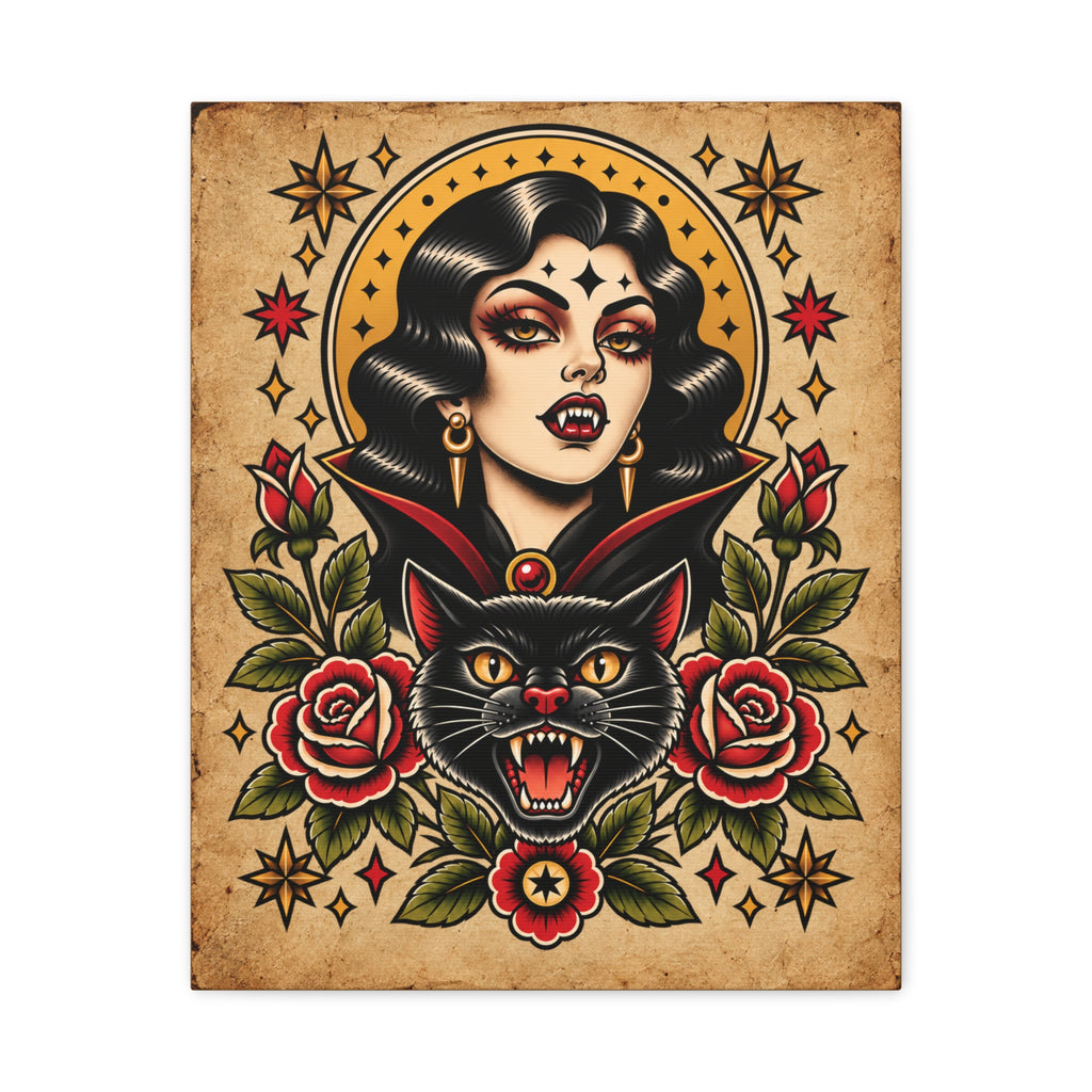 Vampire Woamn & Black Cat Tattoo Flash Canvas Wall Art