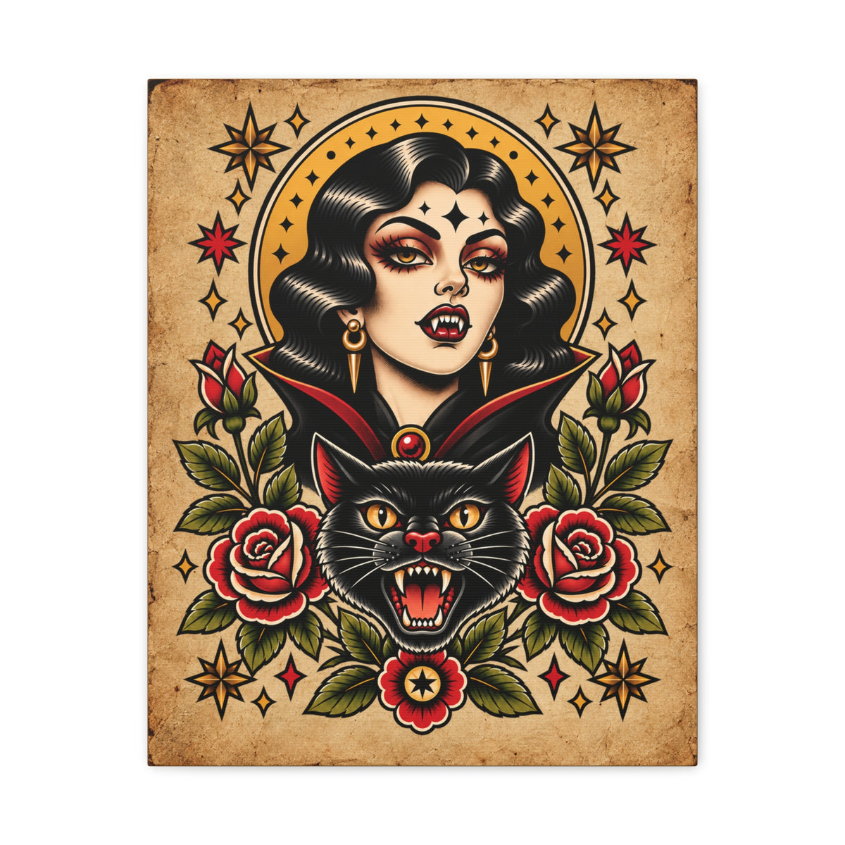 Vampire Woamn & Black Cat Tattoo Flash Canvas Wall Art