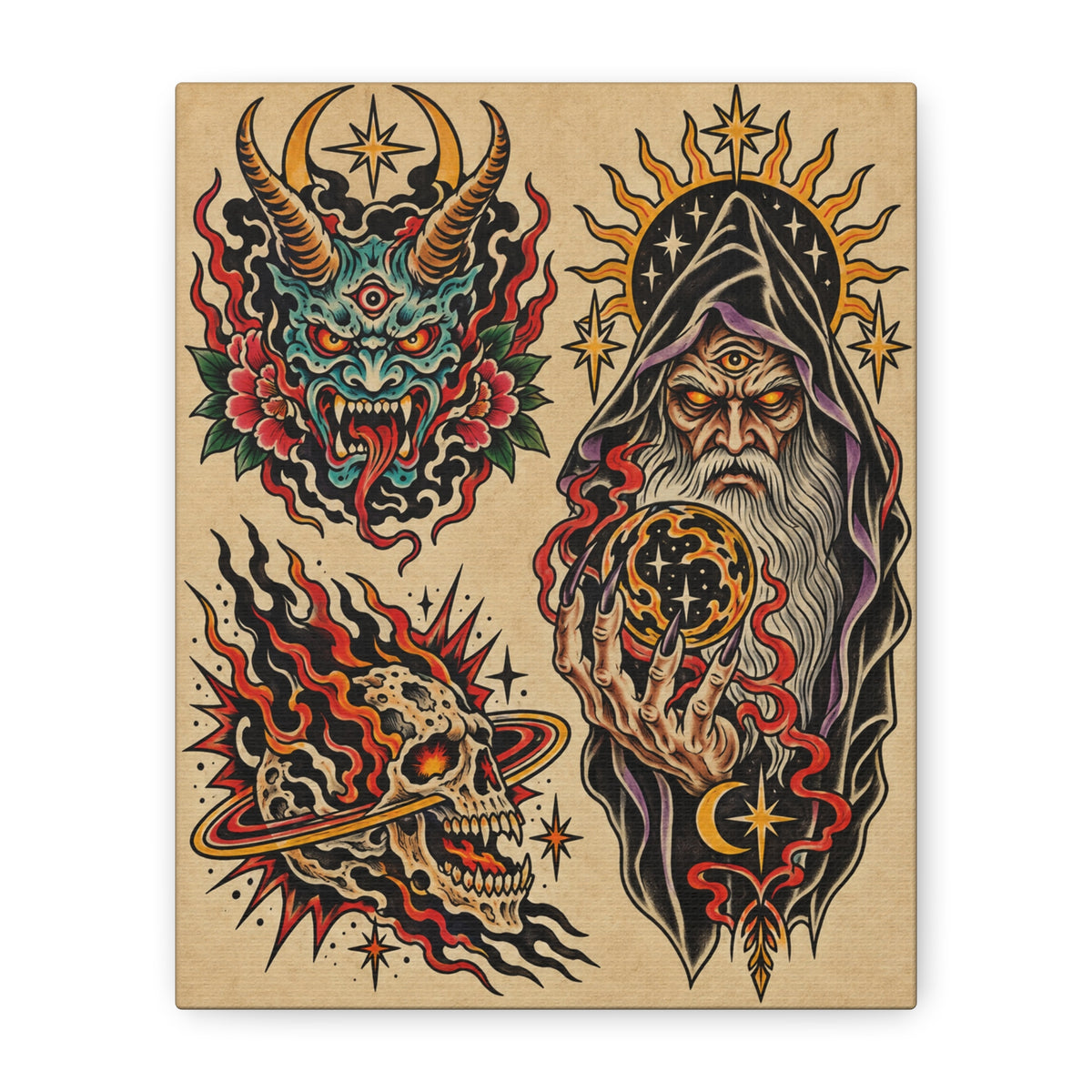 Wizard Tattoo Flash Sheet 2 Canvas Wall Art