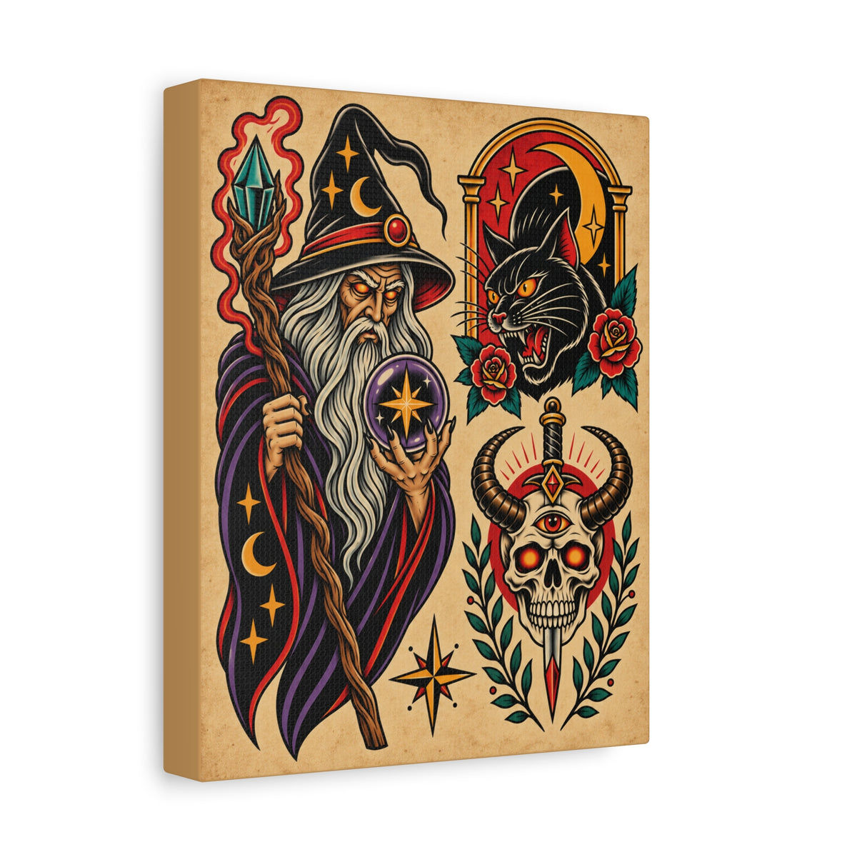 Wizard Tattoo Flash Sheet Canvas Wall Art