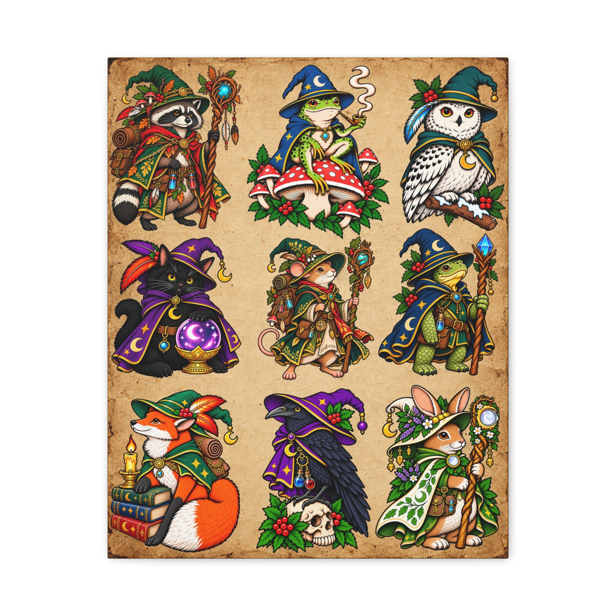 Woodland Wizards & Witches Tattoo Flash Canvas Wall Art