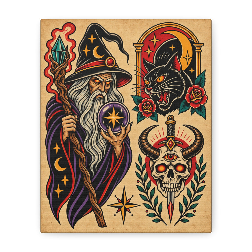 Wizard Tattoo Flash Sheet Canvas Wall Art