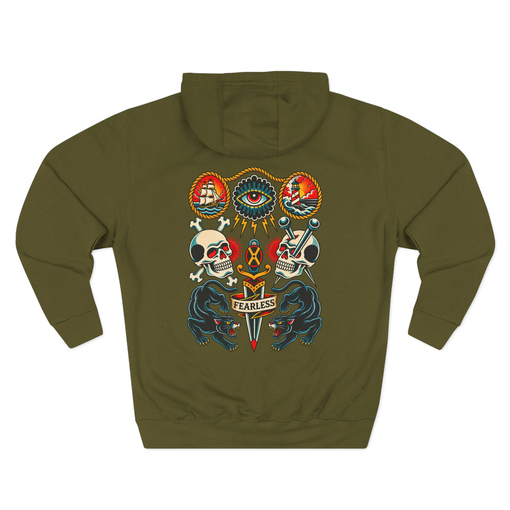 American Traditional Fearless Tattoo Flash Pullover Hoodie (Back Design)