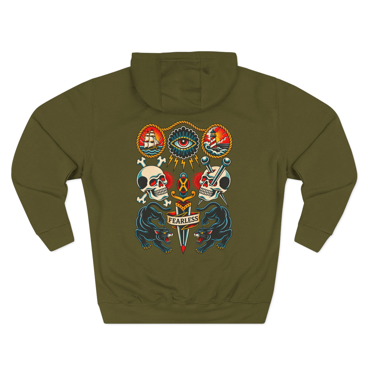 American Traditional Fearless Tattoo Flash Pullover Hoodie (Back Design)