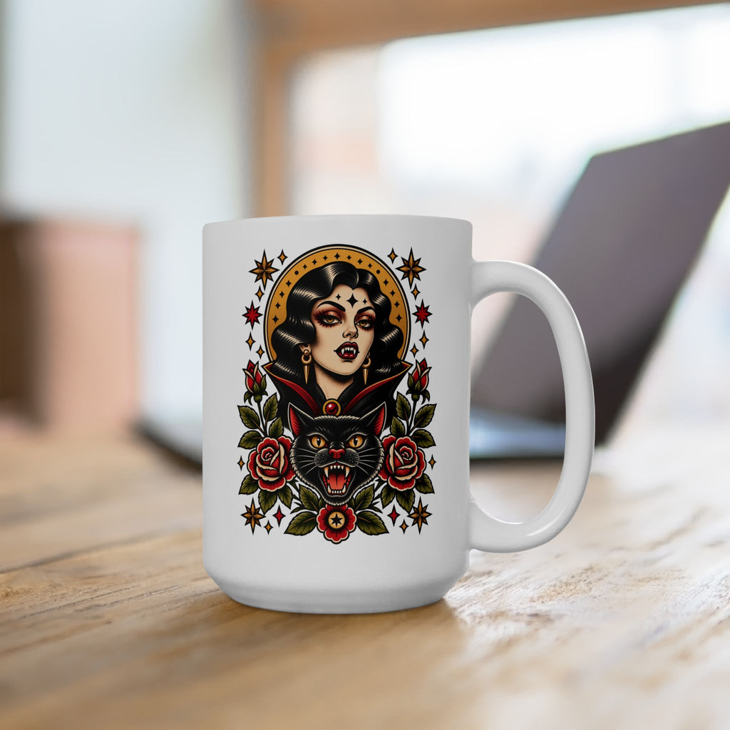Vampire Woman & Black Cat Tattoo Flash Coffee Mug (11oz & 15oz)