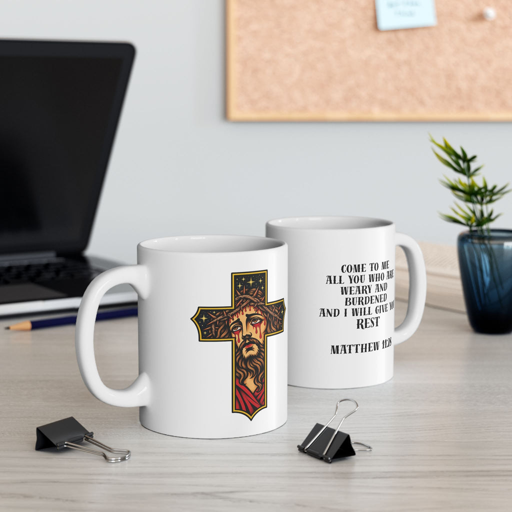 Matthew 11:28 Jesus Cross Tattoo Flash Coffee Mug (11oz & 15oz)