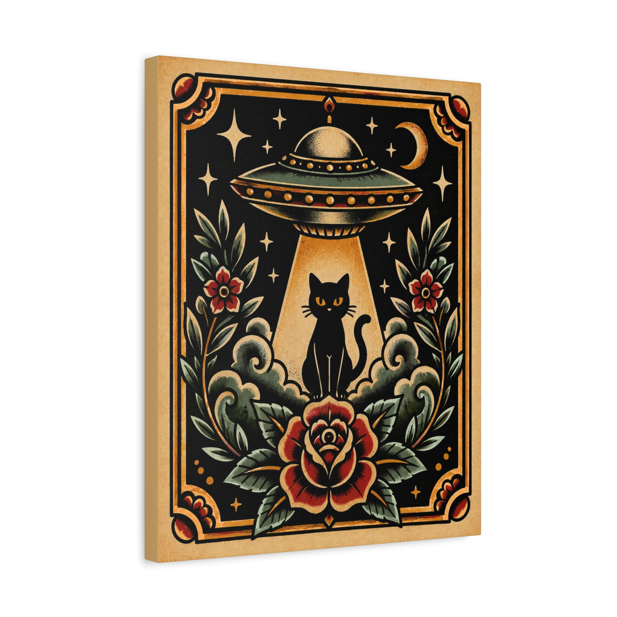 UFO & Black Cat Tattoo Flash Canvas Wall Art