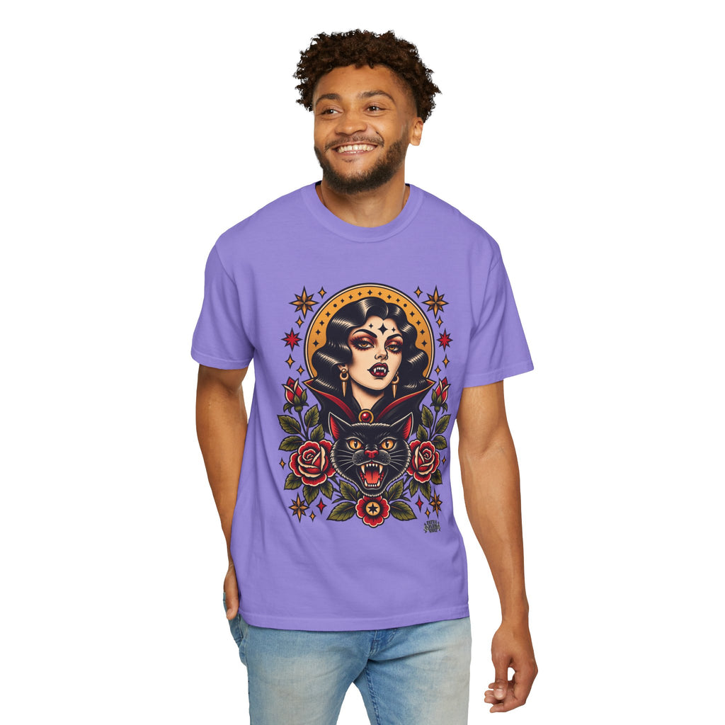 Vampire Woman & Black Cat Tattoo Flash T‑Shirt