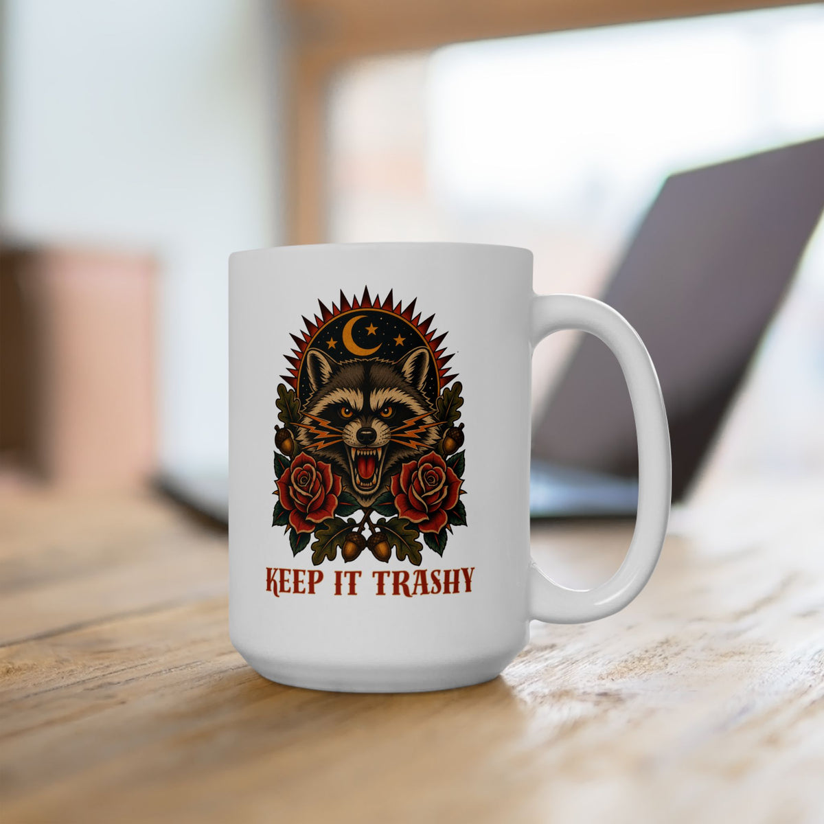 Keep It Trashy Raccoon Tattoo Flash Ceramic Coffee Cup