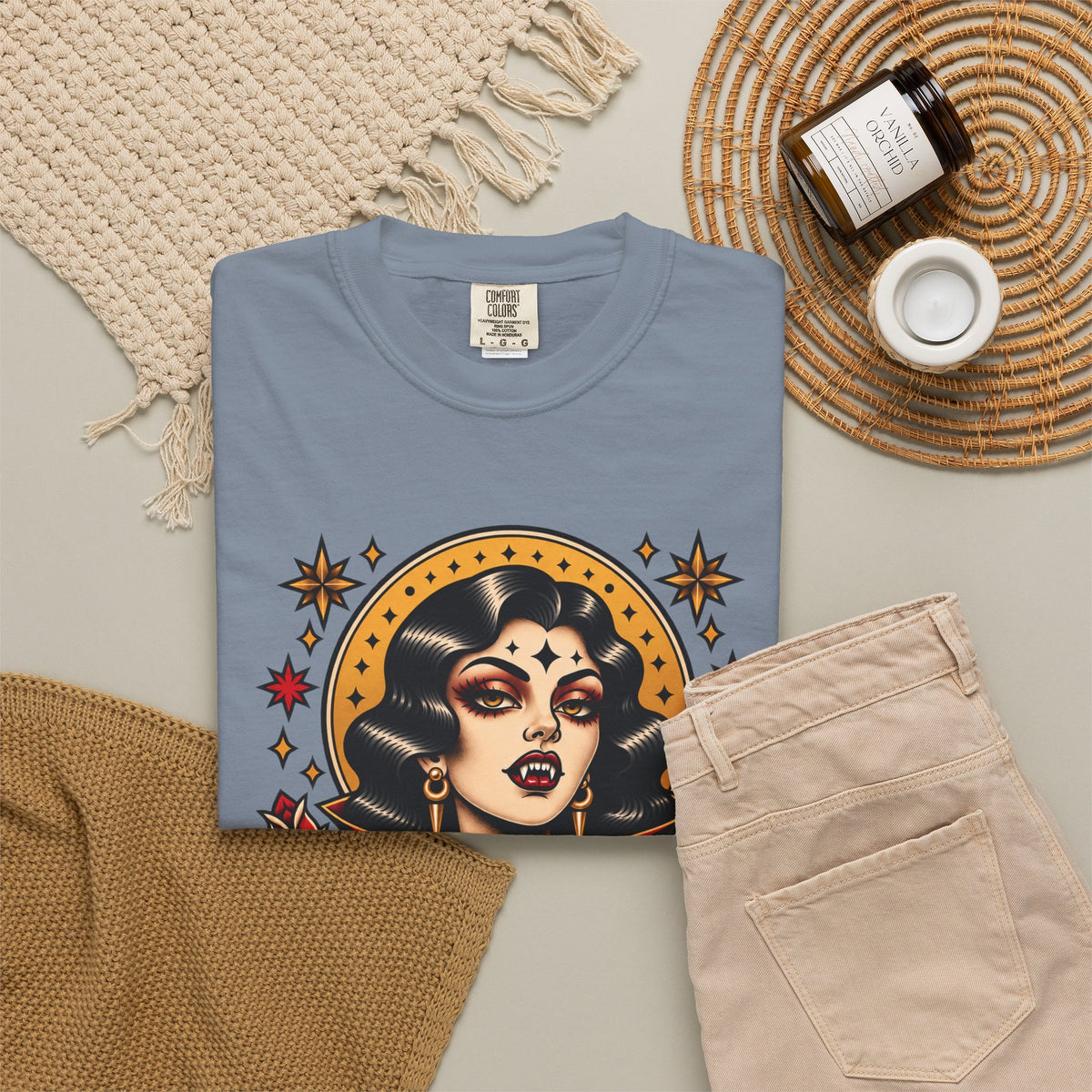 Vampire Woman & Black Cat Tattoo Flash T‑Shirt
