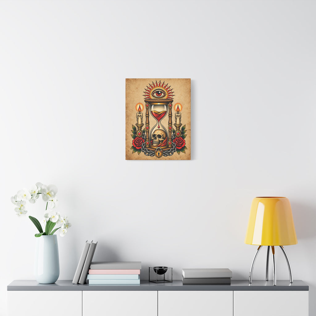 Hourglass & Skull Tattoo Flash Canvas Wall Art