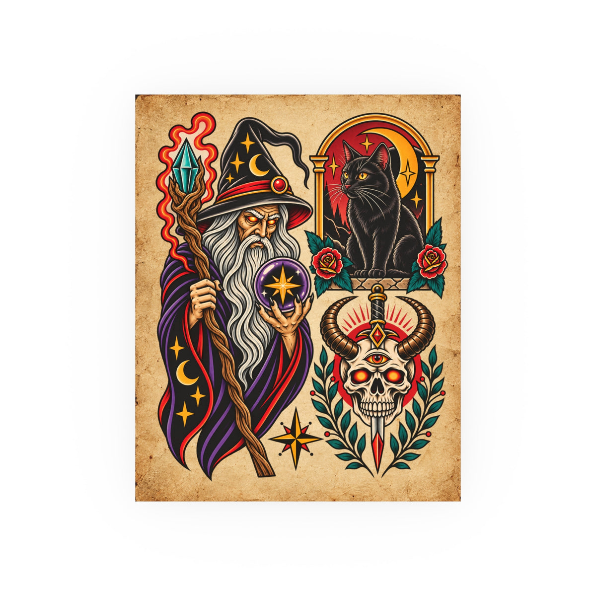 Wizard, Black Cat & Skull Tattoo Flash Art Print (8x10 & 16x20)