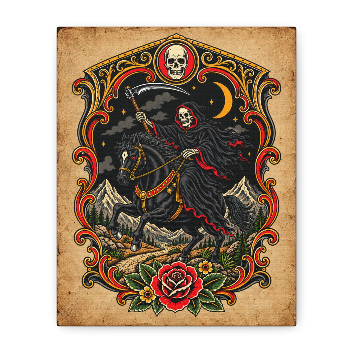 Grim Reaper Horsman Tattoo Flash Canvas Wall Art