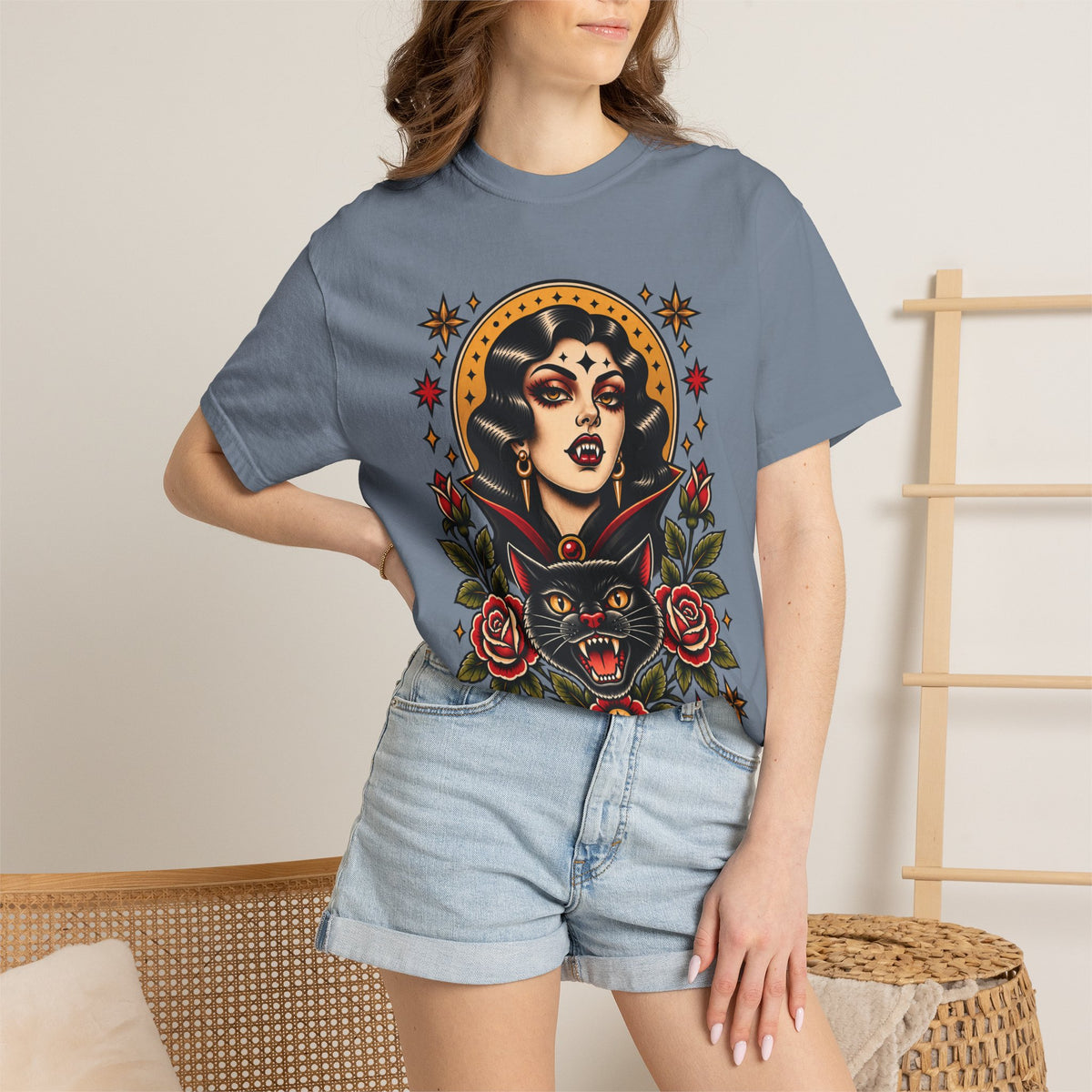 Vampire Woman & Black Cat Tattoo Flash T‑Shirt