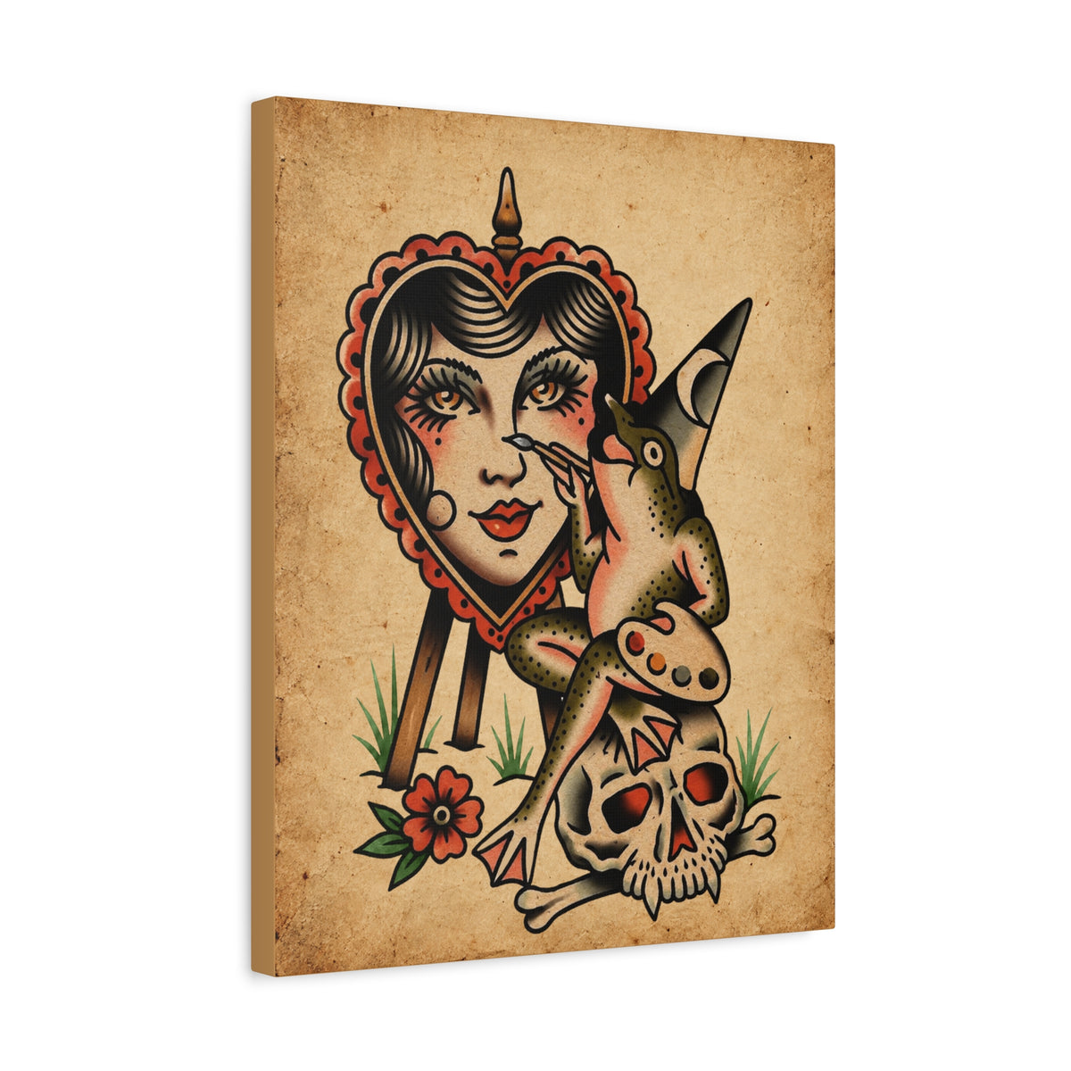 Frog Painter Tattoo Flash Canvas Wall Art