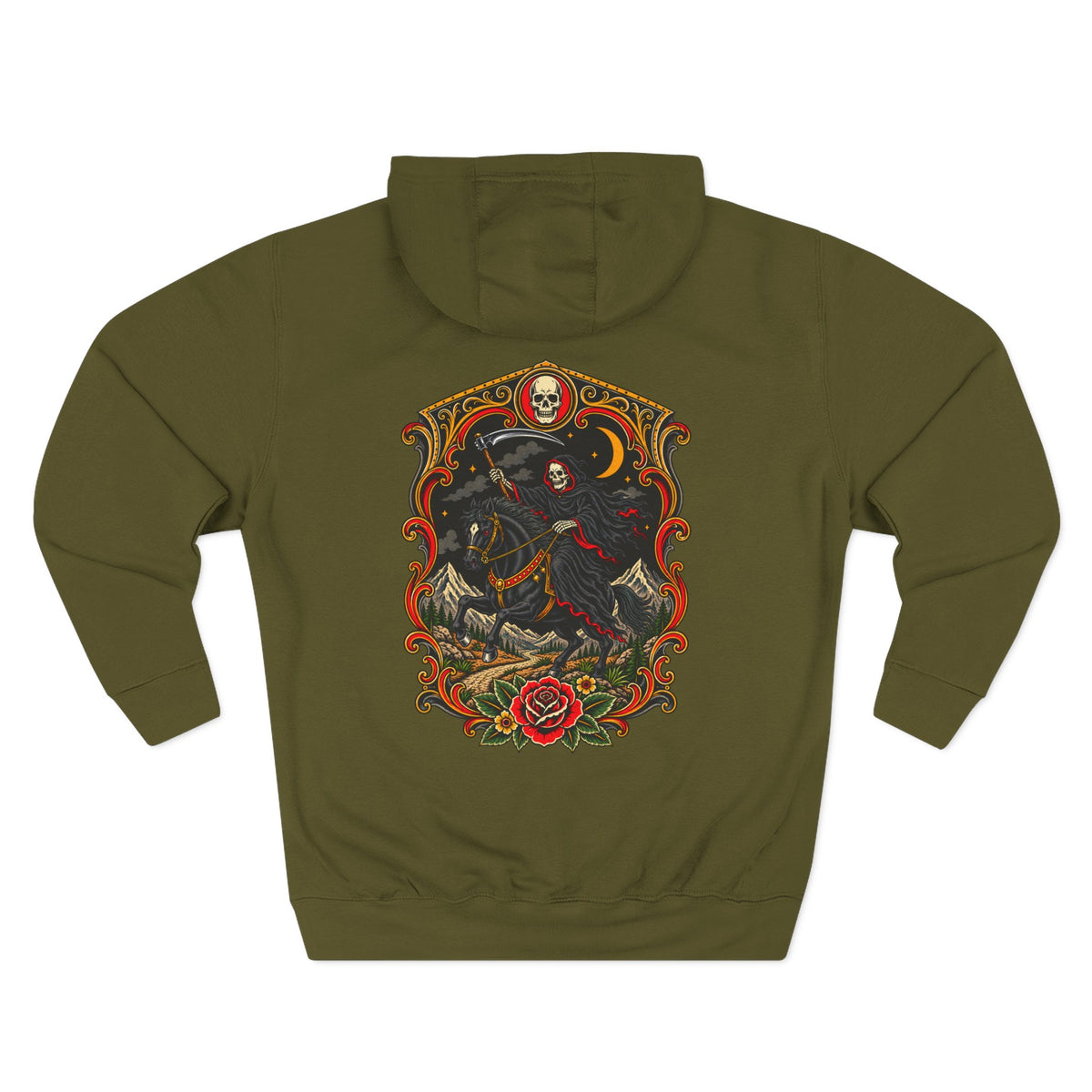 Grim Reaper Horseman Tattoo Flash Pullover Hoodie (Back Design)