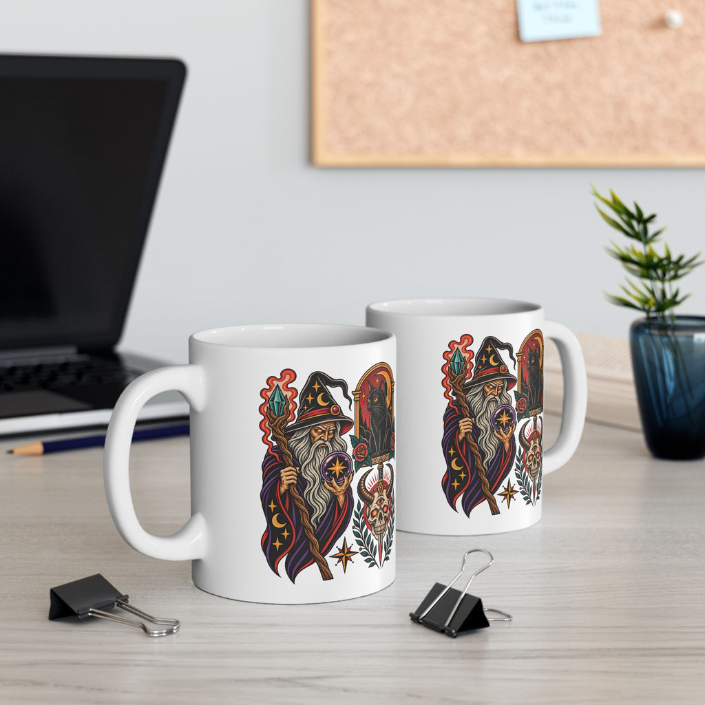 Wizard, Black Cat & Skull Tattoo Flash Coffee Mug (11oz & 15oz)