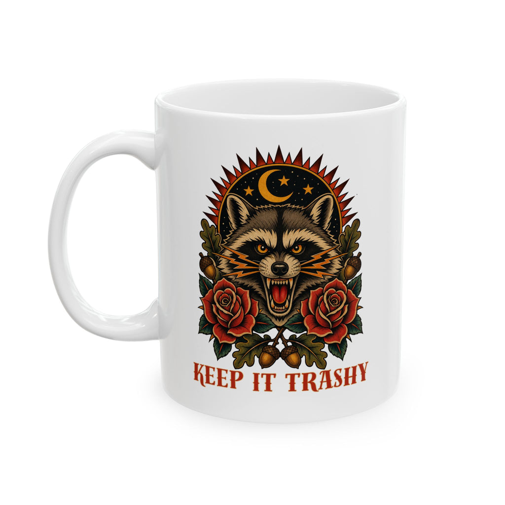 Keep It Trashy Raccoon Tattoo Flash Ceramic Coffee Cup