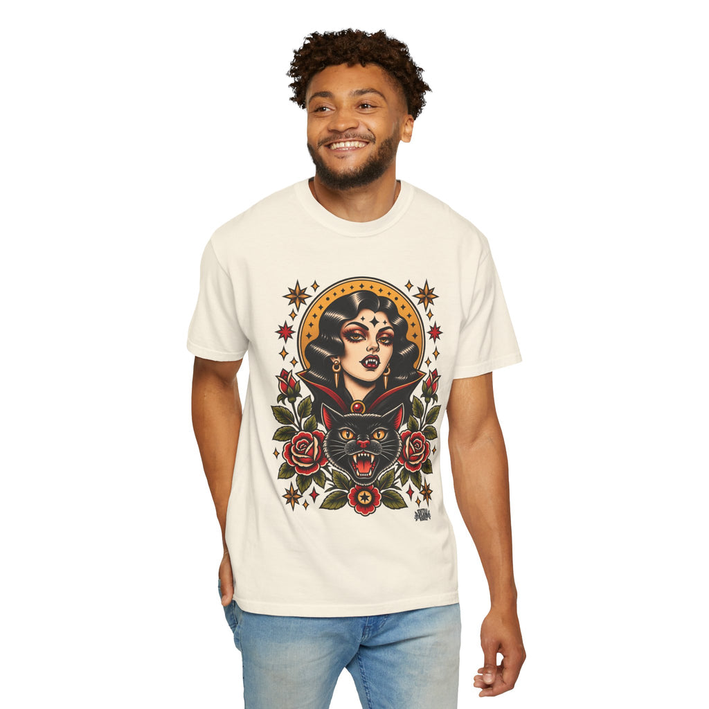 Vampire Woman & Black Cat Tattoo Flash T‑Shirt