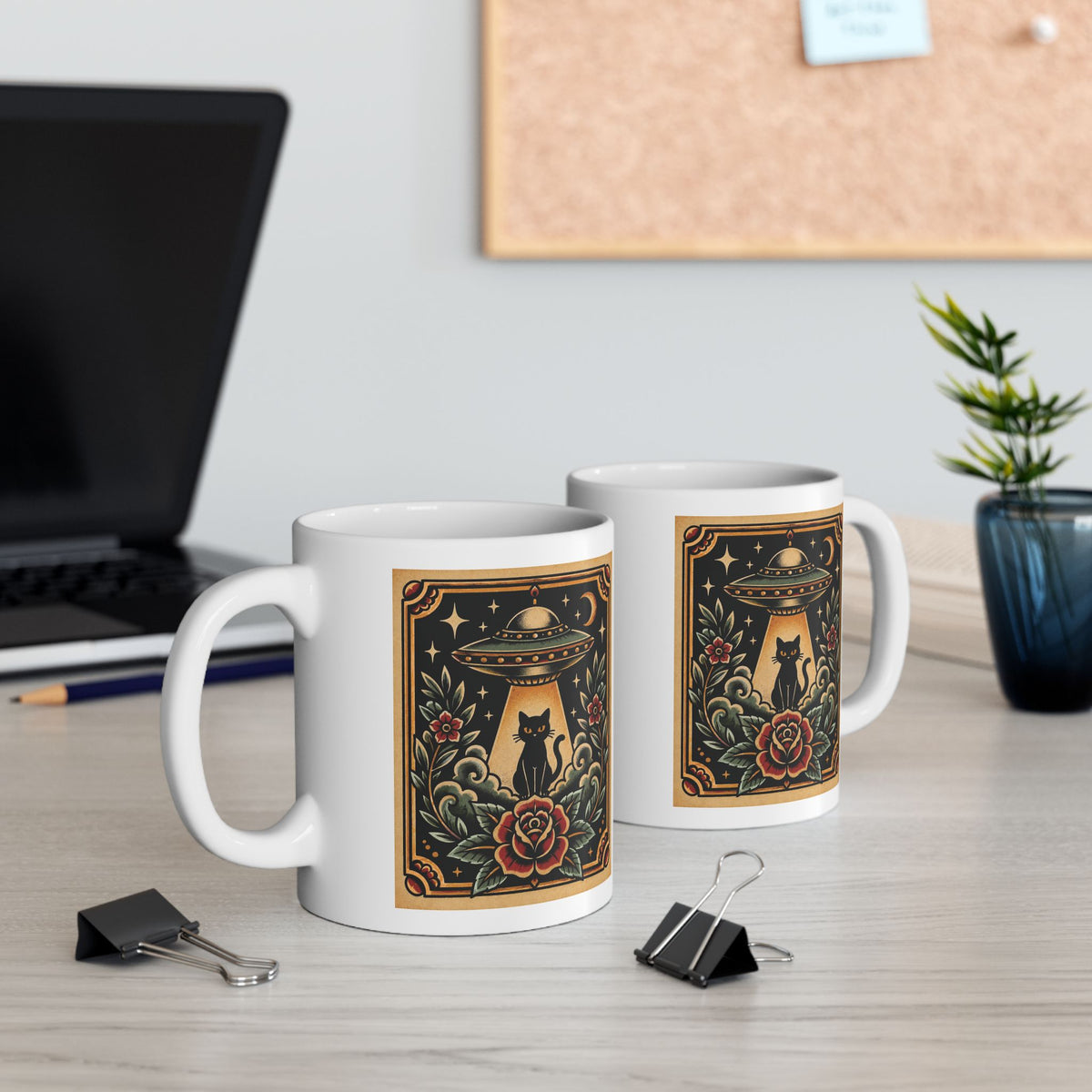 UFO & Black Cat Tattoo Flash Ceramic Coffee Mug (11oz, 15oz)