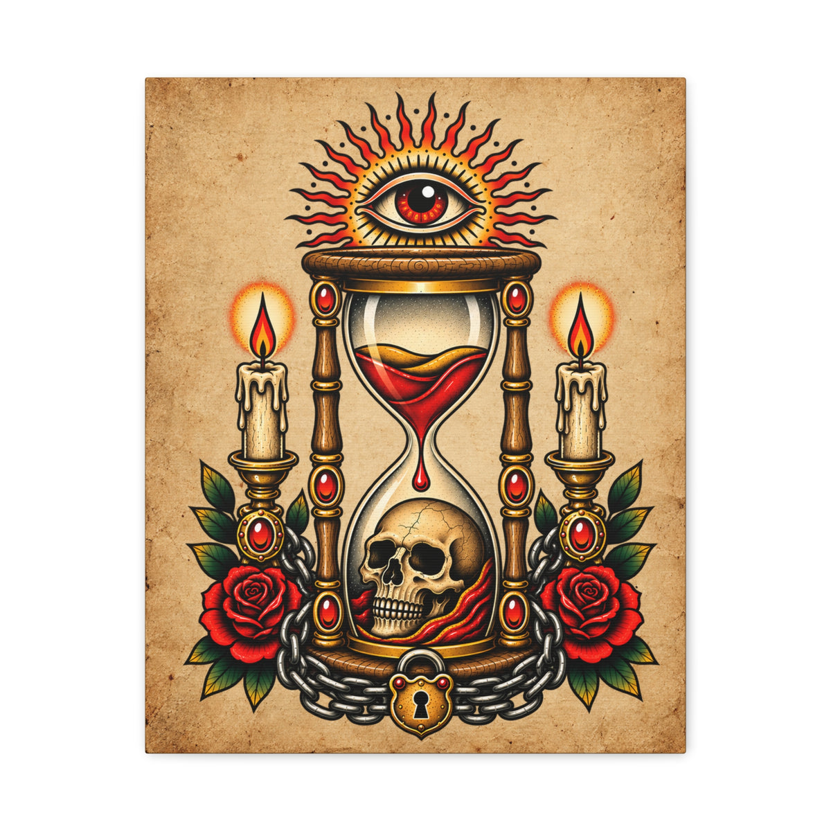 Hourglass & Skull Tattoo Flash Canvas Wall Art