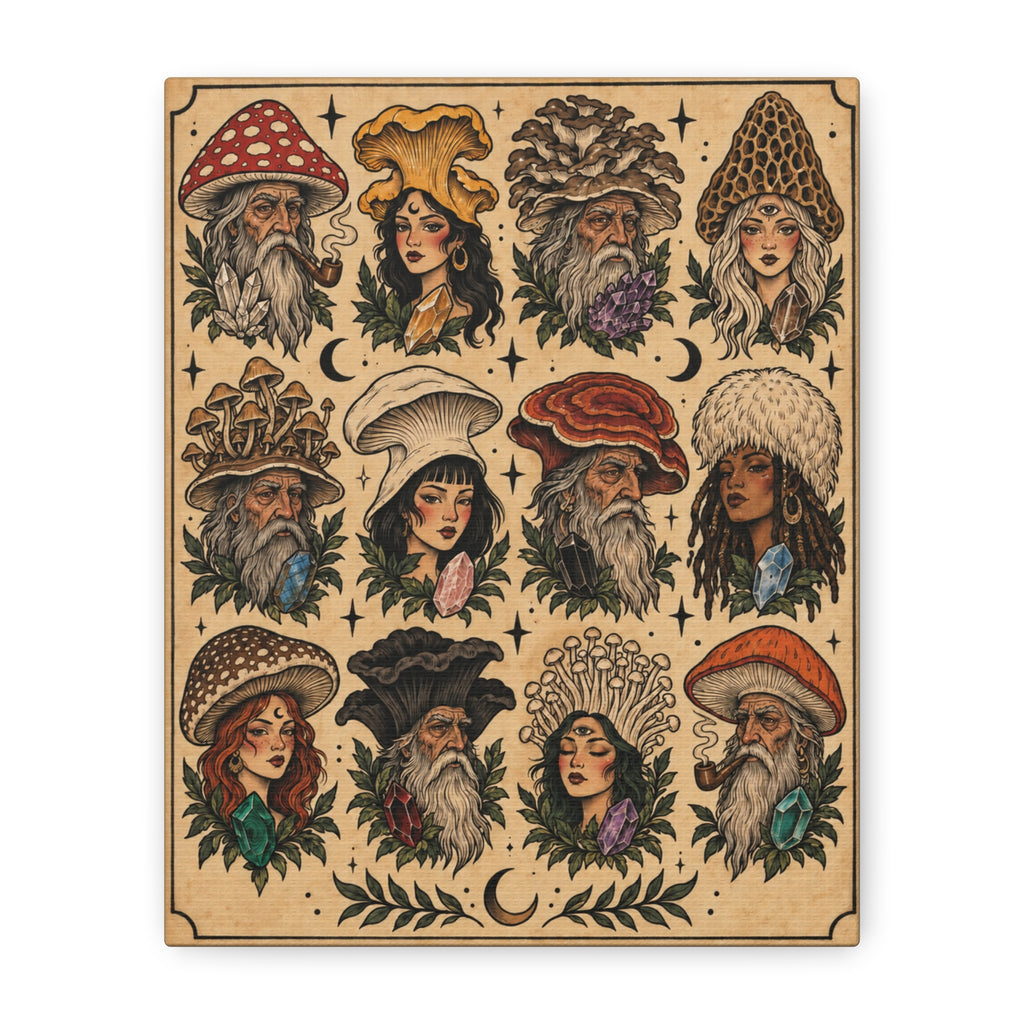 Mushroom Witches & Wizards Tattoo Flash Canvas Wall Art