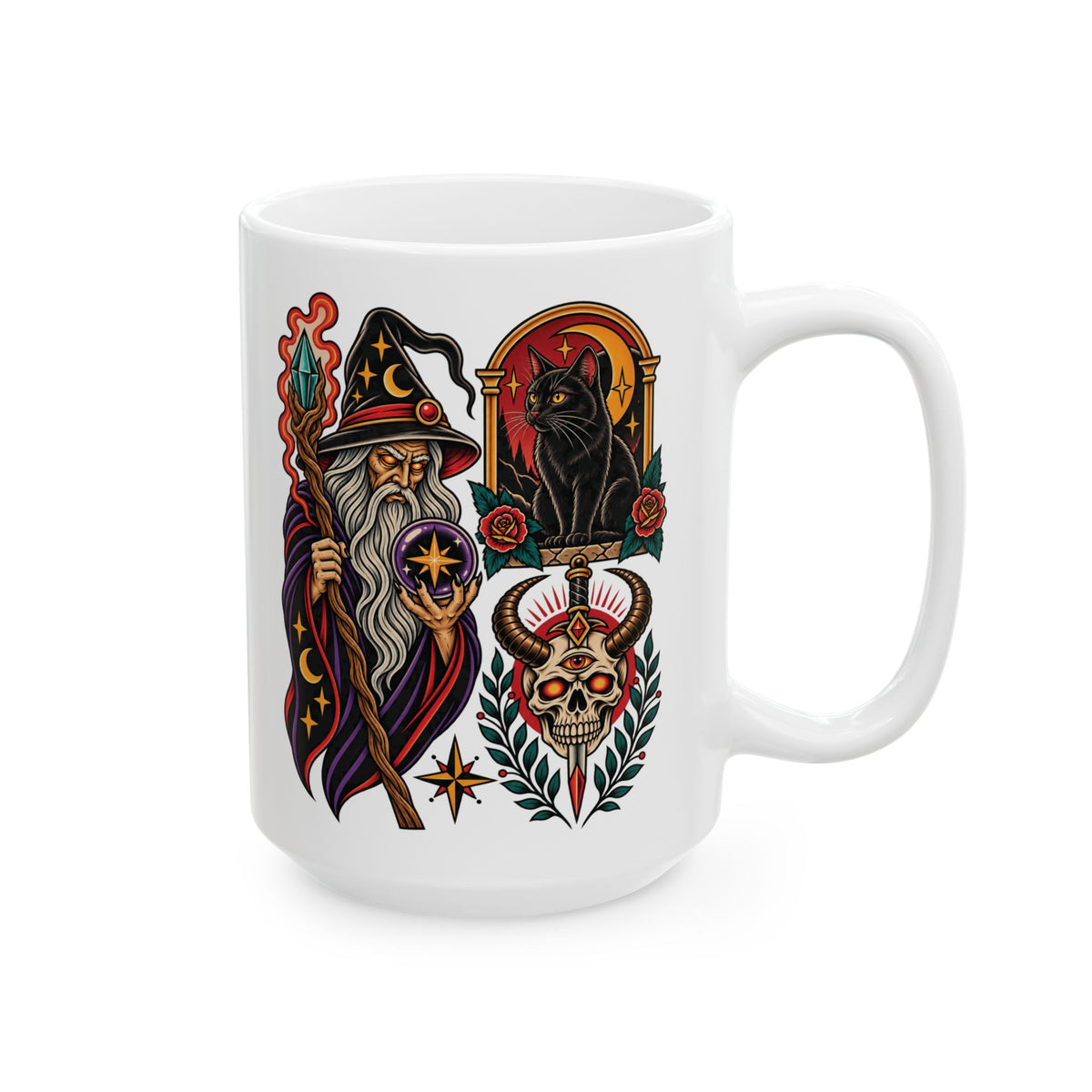 Wizard, Black Cat & Skull Tattoo Flash Coffee Mug (11oz & 15oz)
