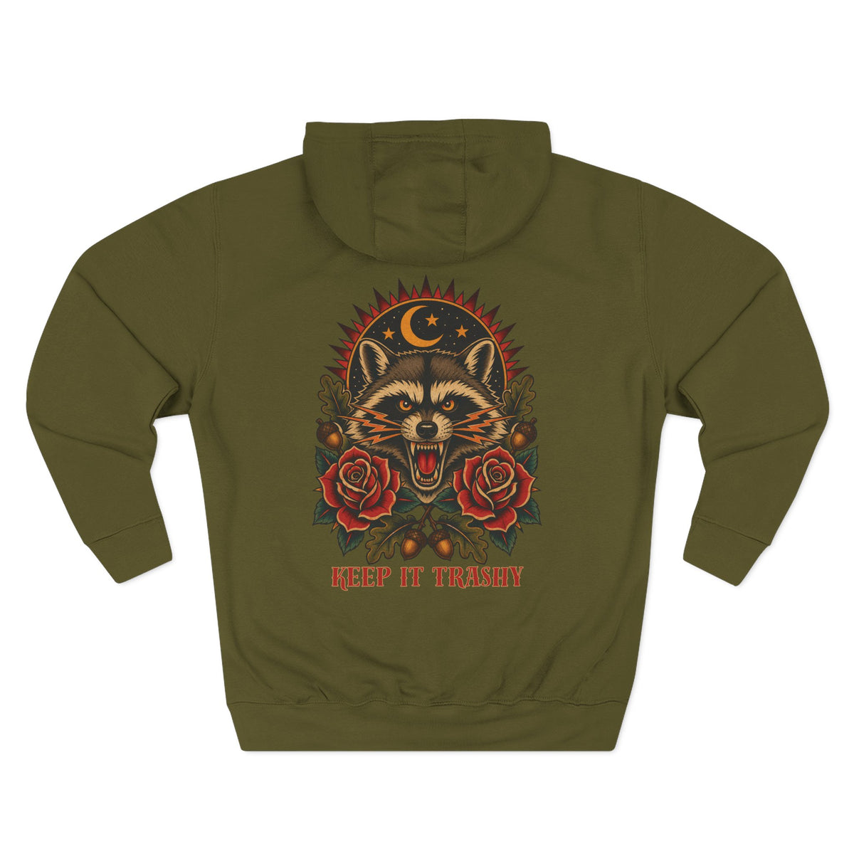 Stay Trashy Raccoon Tattoo Flash Pullover Hoodie (Back Design)