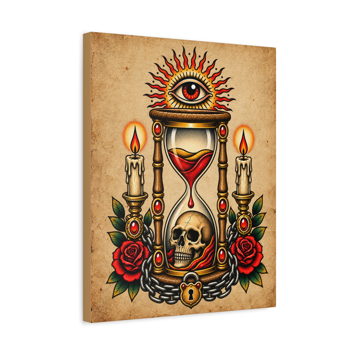 Hourglass & Skull Tattoo Flash Canvas Wall Art