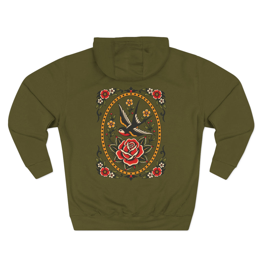American Traditional Swallow & Rose Tattoo Flash Pullover Hoodie (Back Design)