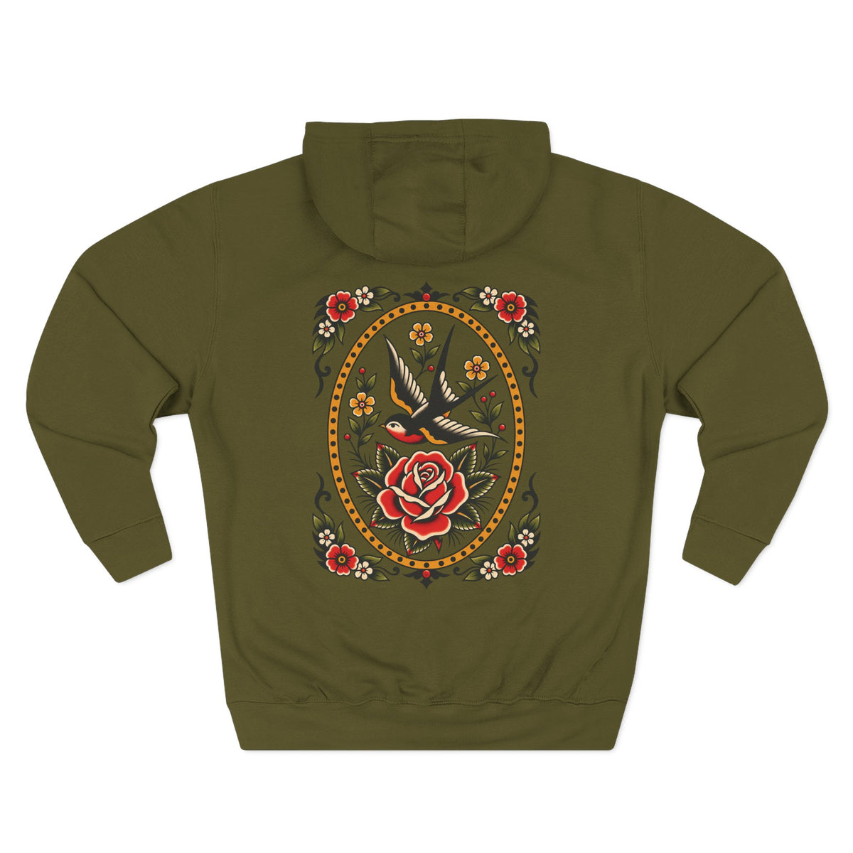 American Traditional Swallow & Rose Tattoo Flash Pullover Hoodie (Back Design)