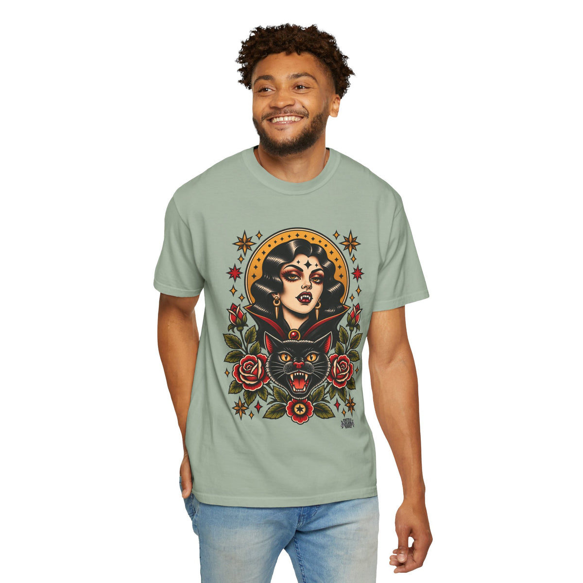 Vampire Woman & Black Cat Tattoo Flash T‑Shirt