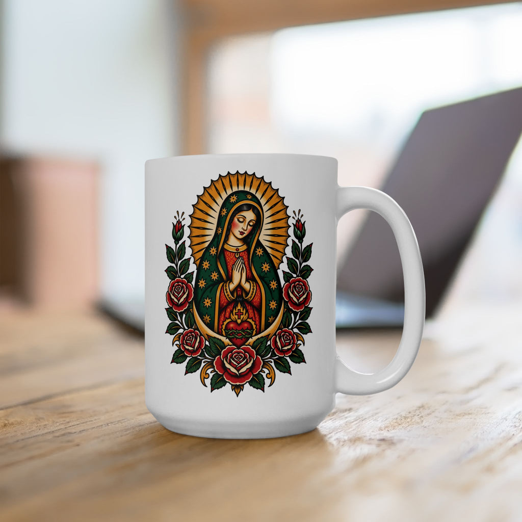 Floral Sacred Heart Ceramic Mug (11oz, 15oz) — Rose & Radiant Halo Coffee Cup