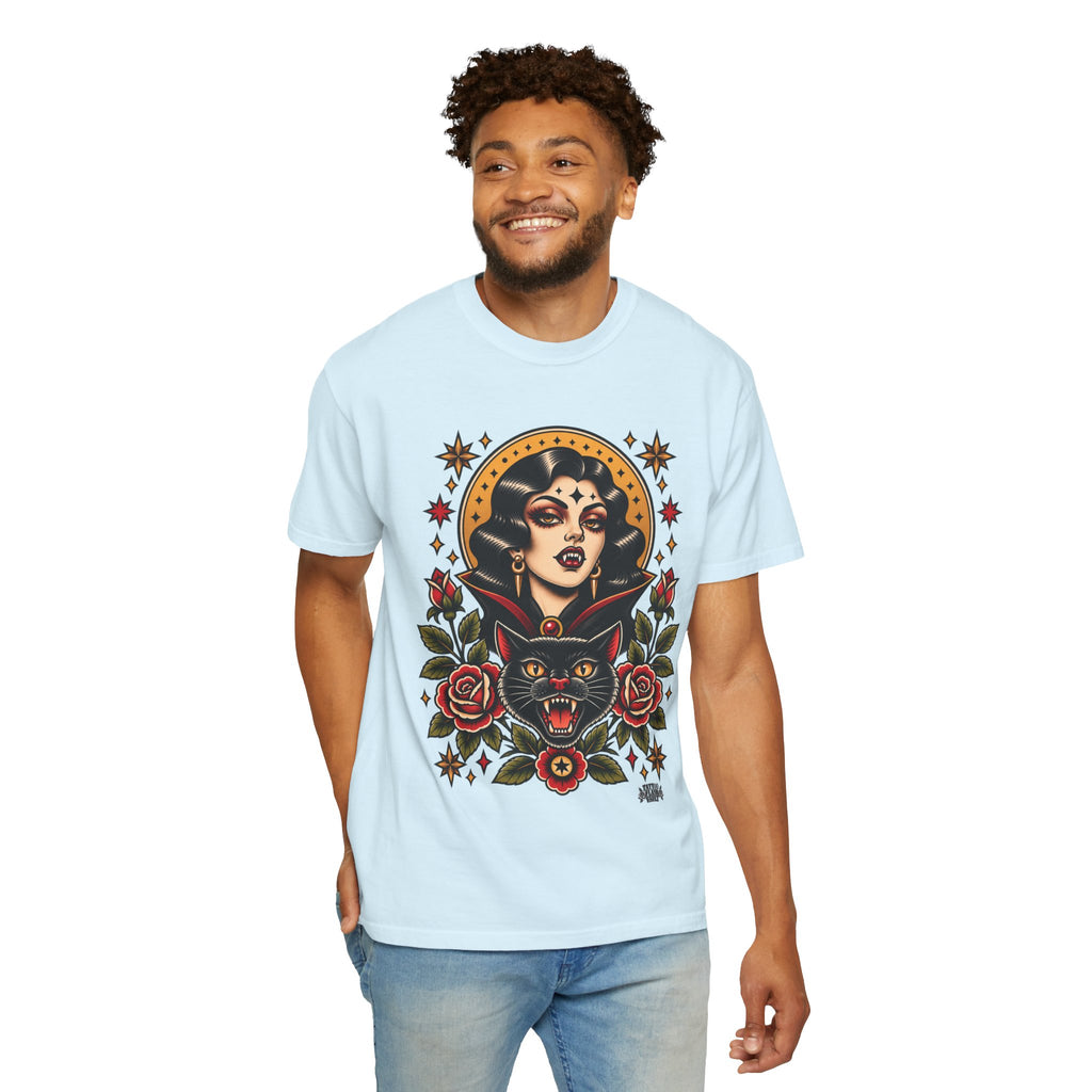 Vampire Woman & Black Cat Tattoo Flash T‑Shirt