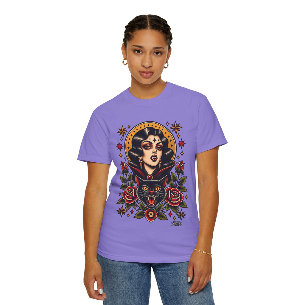 Vampire Woman & Black Cat Tattoo Flash T‑Shirt