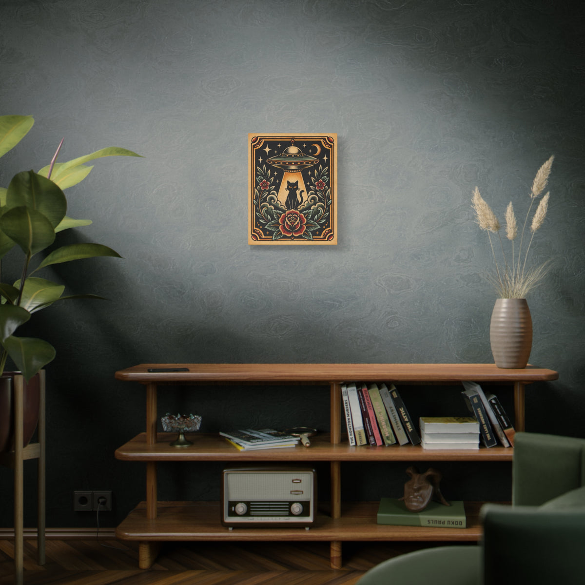 UFO & Black Cat Tattoo Flash Canvas Wall Art