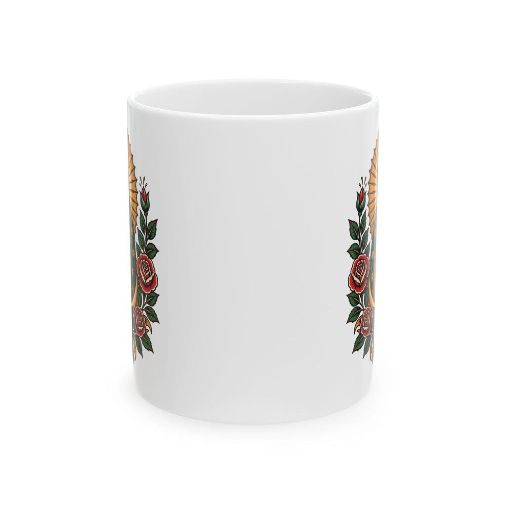 Floral Sacred Heart Ceramic Mug (11oz, 15oz) — Rose & Radiant Halo Coffee Cup
